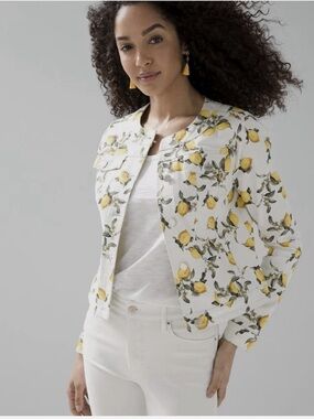 White House Black Market White Jacket with Yellow Lemon Print Sz M